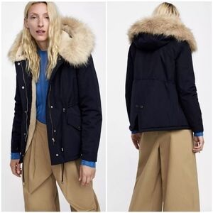 Zara Navy Blue Jacket with Faux Fur Hood